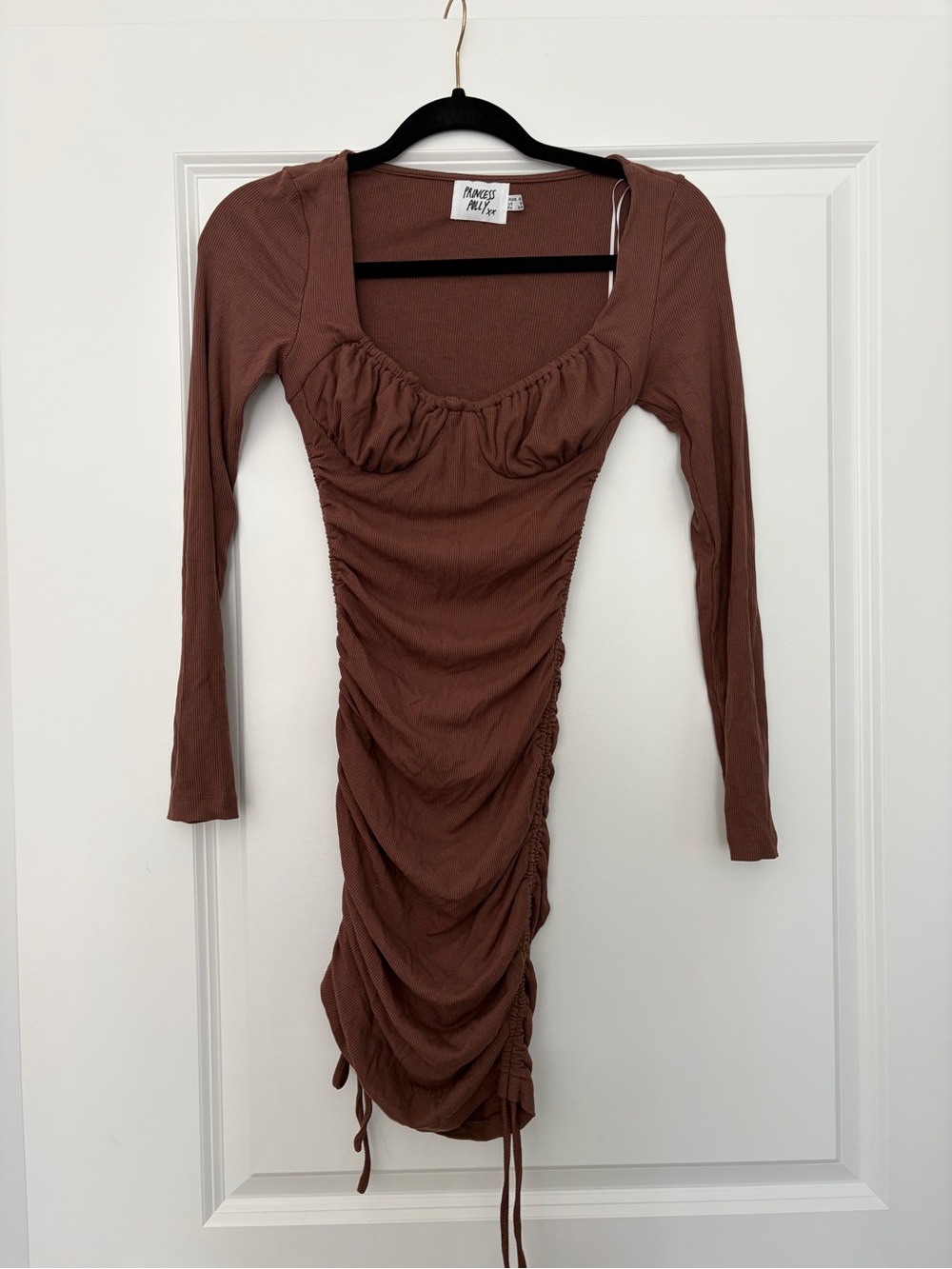 Princess Polly Chocolate Brown Ruched Long-Sleeve Mini Dress